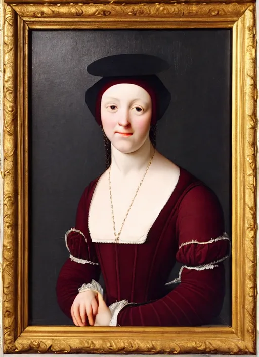 Image similar to portrait of young woman in renaissance dress and hatart by petrus christus,