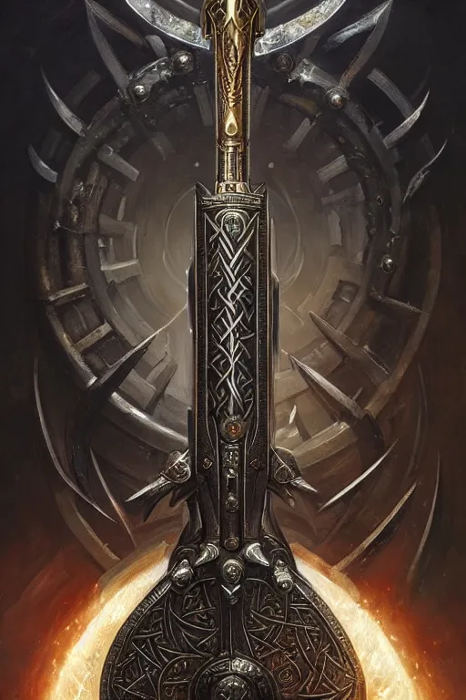 Image similar to masterpiece, medieval viking divine sword of power, shiny blade and stylized hilt, doom, elegant, majestic, epic, art by h. r. giger, greg rutkowski, josan gonzalez, alexey egorov, biomechanical, alchemy, monogram