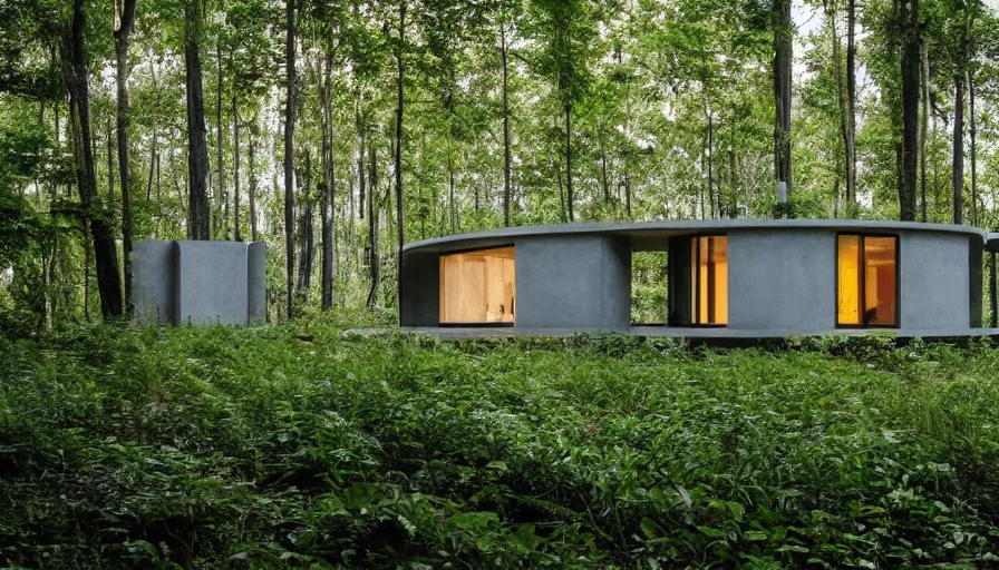 Image similar to A wide image of a full innovative contemporary 3D printed prefab sea ranch style cabin with rounded corners and angles, beveled edges, made of cement and concrete, organic architecture, in a lush green forest Designed by Gucci and Wes Anderson, golden hour