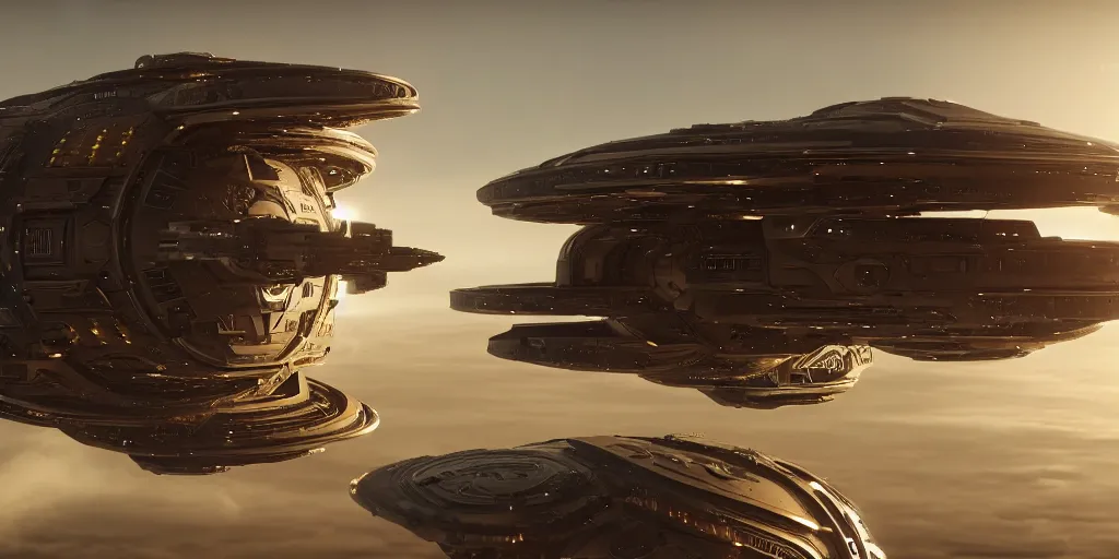 Prompt: spaceship from the movie dune, 2 0 2 1 cinematic 4 k framegrab, intricate abstract spaceship floating detailed docking ports. flying above a cityscape