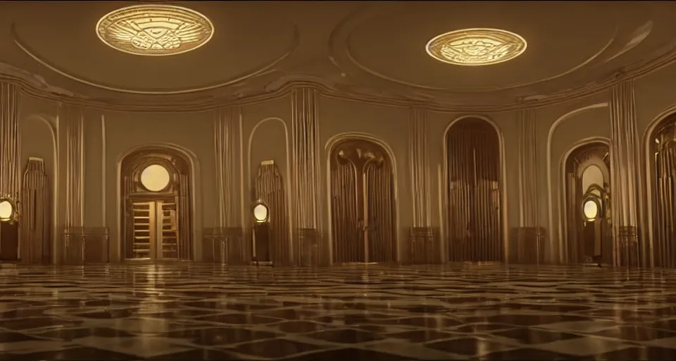 Prompt: an incredibly beautiful scene from a 2 0 2 2 marvel film featuring an art deco palace during a hurricane. recessed lights. large windows. lightning. uhd.