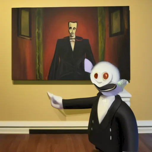 Prompt: on the wall is an oil painting of a roomba, with a cocktail on top of it. In front of the painting Dracula stands observing the painting