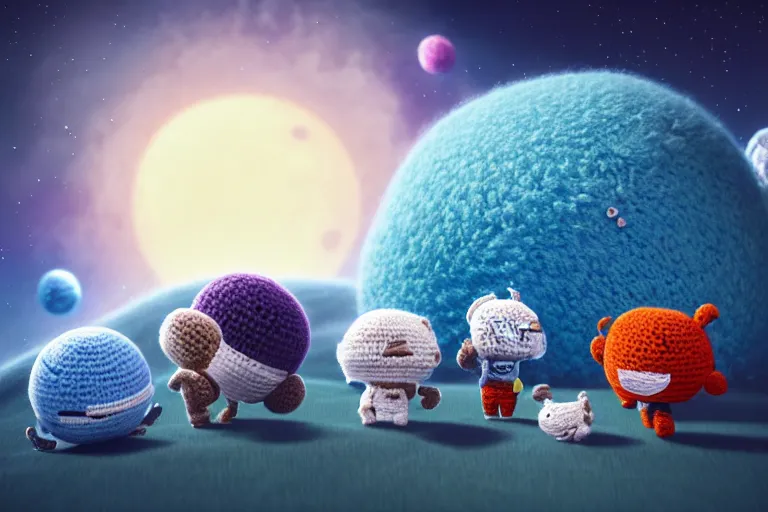 Prompt: an expedition of crochet cute astronauts discovering a new fluffy planet made out of yarn. cute, illustration, digital art, inspired by little big planet, by greg rutkowski, detailed, sharp, masterpiece, highly detailed, photorealistic, octane render, 8 k, unreal engine 5, trending on artstation, vivid colors