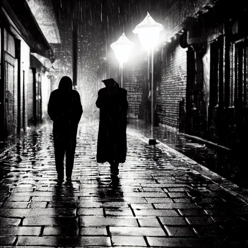 Image similar to an emotional picture of two shadowy figures under one umbrella at night in an ally, it is raining heavily, street lanterns are shining, they are reflected on the rainy street, 35mm, juno filter, motion blur, trending on artstation