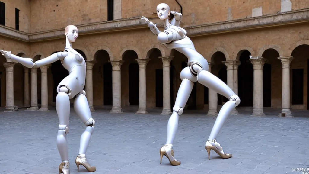 Prompt: a hajime sorayama sculpture of a svelte robotic ballerina on display in a roman courtyard.