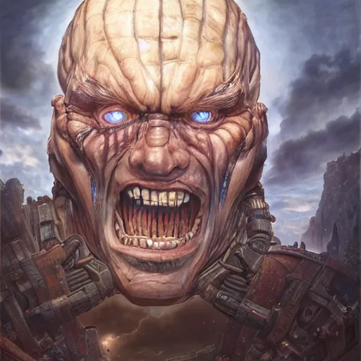 Prompt: warwick davis as a titan from attack on titan by fantasy character portrait, ultra realistic, wide angle, intricate details, mass effect, artifacts, luminous skies, highly detailed, michael cheval, peter mohrbacher, boris vallejo, jessica rossier, oil painting, highly detailed, cinematic lighting, unreal, natural tpose