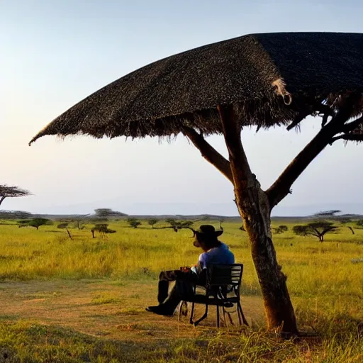 Prompt: a man sitting under an umbrella in a serengeti landscape, wide angle, panorama