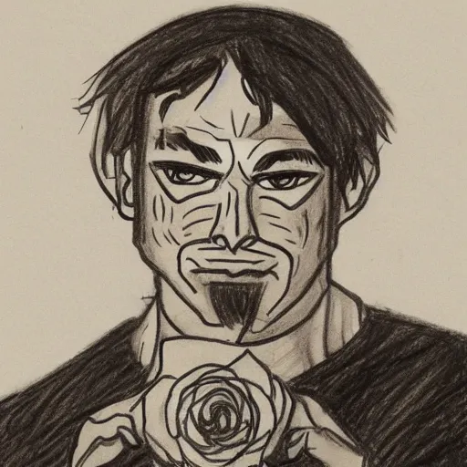 Image similar to A drawing of a man in his mid-30's with his right eye replaced with a white rose, drawn, sketch, dungeons and dragons