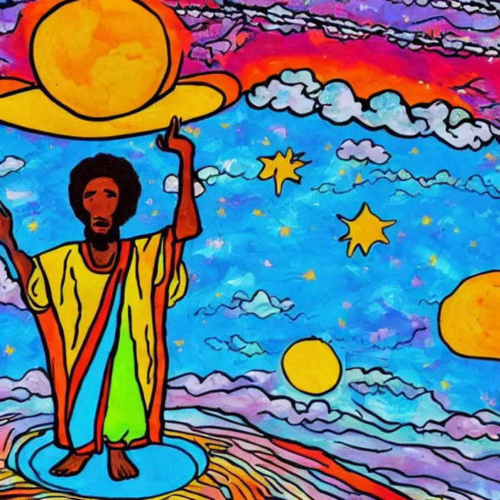 Prompt: UFO hovering over an African Jesus , clouds, colorful, in the style of African bus art,