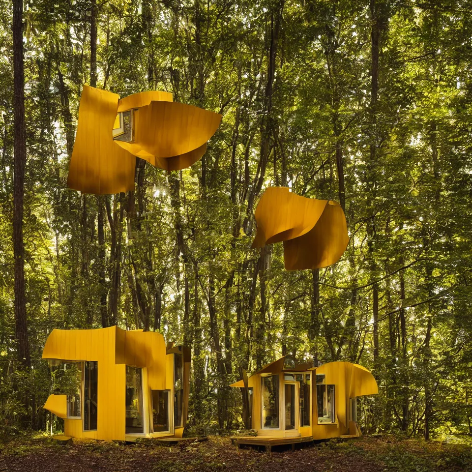 Image similar to a tiny tiny house in a light forest, designed by Frank Gehry. Tiles. Film grain, cinematic, yellow hue