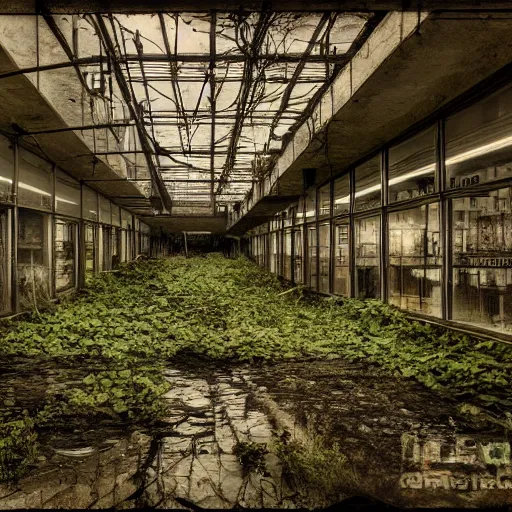 Prompt: flooded abandoned overgrown supermarket, highly detailed, ominous, dusk, overcast, photorealistic, 1900s photo