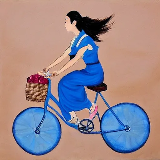 Image similar to a beautiful painting of a beautiful Asian girl riding a blue bycicle