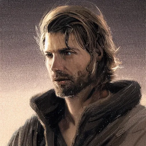 Image similar to portrait of a man by greg rutkowski, cade skywalker, messy blond hair, beard, tall and muscular, star wars expanded universe, he is about 3 0 years old, wearing a flying jacket, distrustful and arrogant, highly detailed portrait, digital painting, artstation, concept art, smooth, sharp foccus ilustration, artstation hq