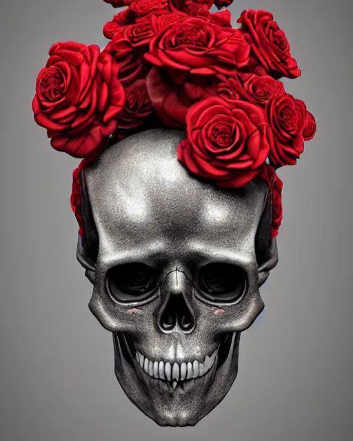 Image similar to skull made of red roses, organic horror, devil, death, giger, epic, baroque, art nouveau, james jean, photorealistic render, 3 ds max + v - ray, extremely detailed and intricate, center composition, elegant, vfx, unreal engine 5, octane render, extremely contrast, extremely sharp lines