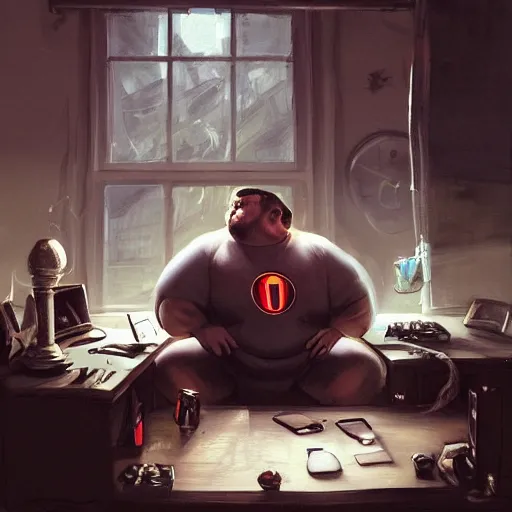 Image similar to a insanely detailed painting of a slightly overweight man wearing a homemade superhero costumed, sitting at a computer desk, nervously and clicking on the mouse, in the style of peter mohrbacher, dramatic lighting and composition, trending on artstation, concept art, comic book, graphic novel