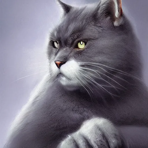 Image similar to a big dark angry powerful menacing grey cat with white belly, white paws and white face markings with long fur and fluffy tail sitting, intricate, elegant, highly detailed, digital painting, artstation, concept art, matte, sharp focus, illustration, art by Artgerm and Greg Rutkowski and Alphonse Mucha