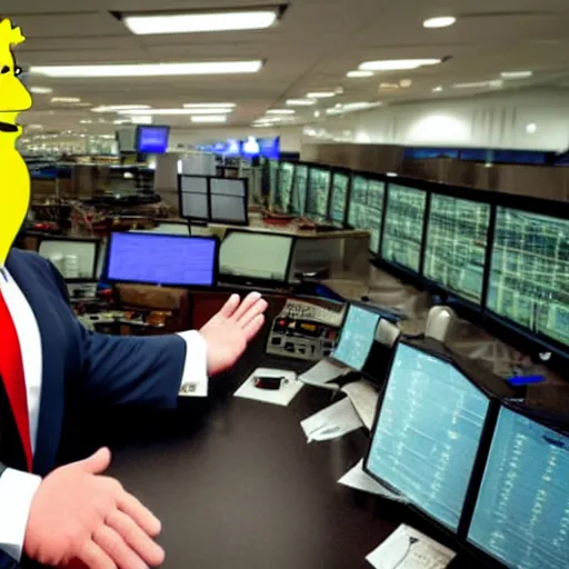 Image similar to Donald Trump as Homar Simpson sat at the controls of a Nuclear power plant control centre, screaming, angry, with his hands on the controls, 4k, high quality photograph