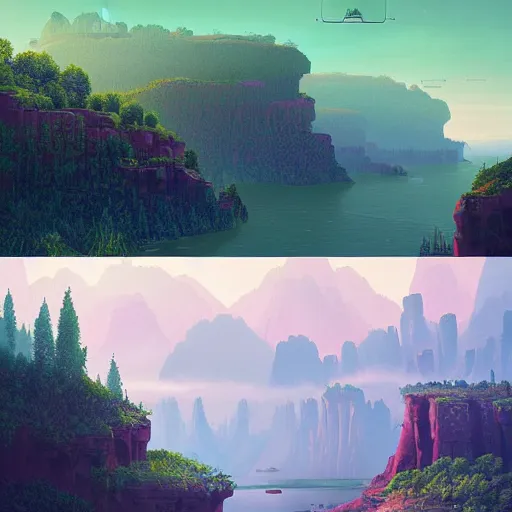 Prompt: digital artwork of a lush natural scene on an alien planet by simon stalenhag. extremely detailed. science fiction. beautiful landscape. weird vegetation. cliffs and water.