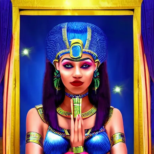 Image similar to fantasy egyptian goddess doing a magic trick, colorful, hyper realistic