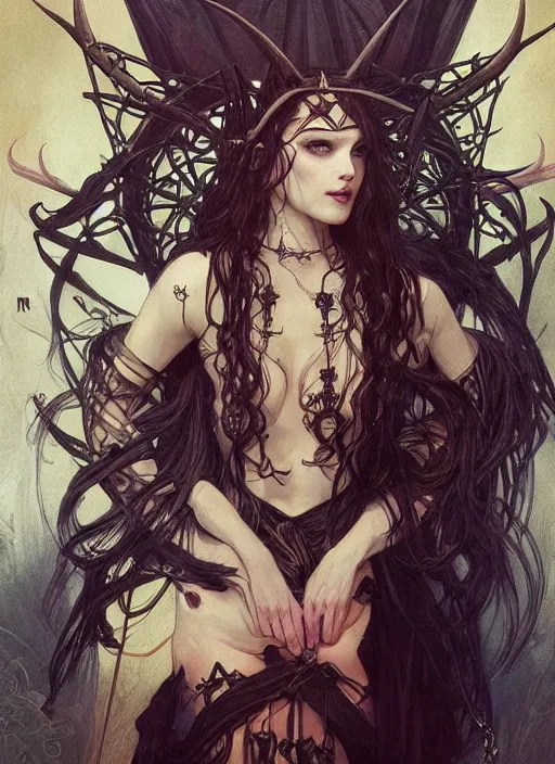 Image similar to a beautiful illustration of a satanic witch with horns in head, intricate, sharp focus, illustration, highly detailed, digital painting, concept art, matte, art by wlop and artgerm and greg rutkowski and alphonse mucha, masterpiece