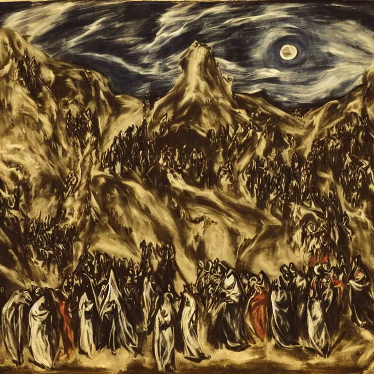 Image similar to A Holy Week procession of grim reapers in a lush Spanish landscape at night. A hooded figure at the front holds a cross. El Greco.