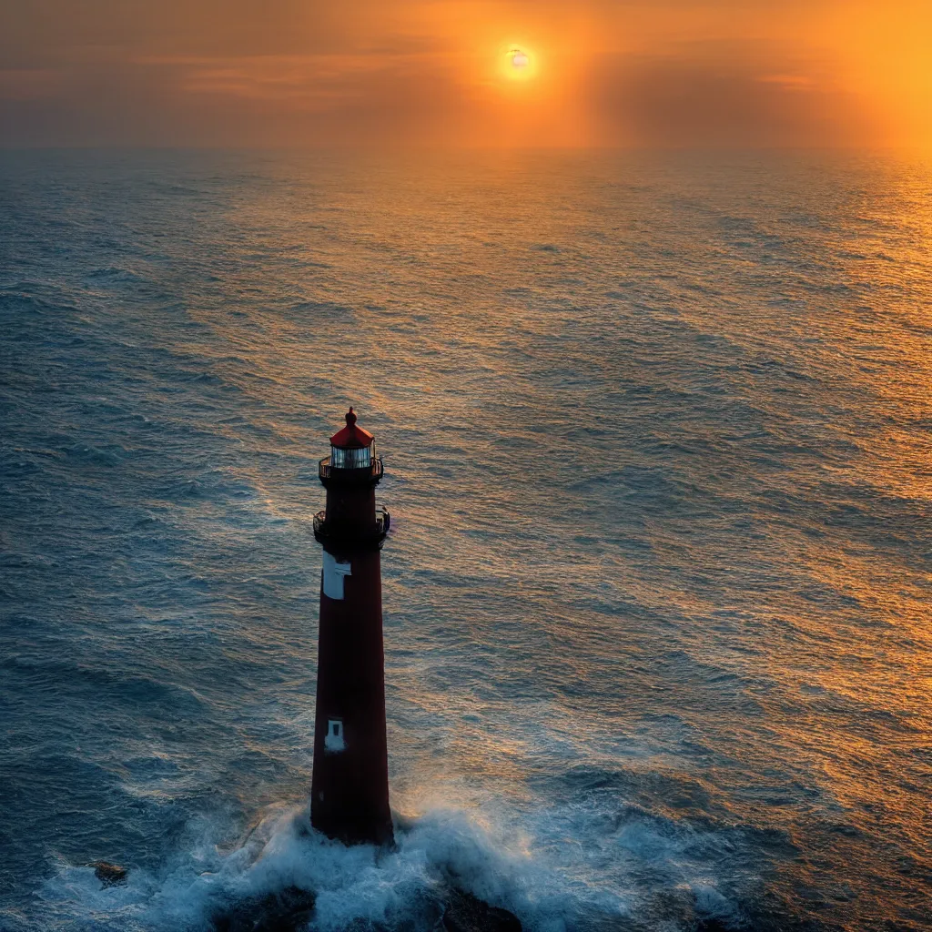 Image similar to a beautiful lighthouse on a cliff, rough sea, ultra realistic sunset, 8k