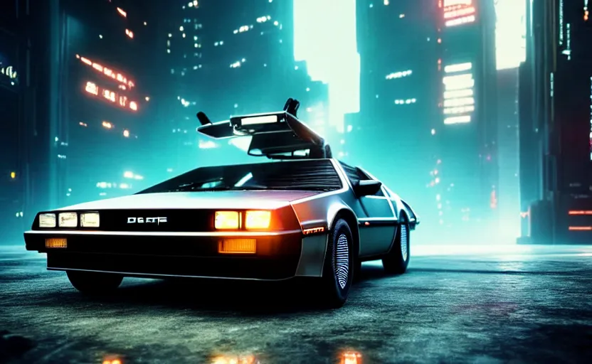 Image similar to professional photo of delorean from low angle shot, cyberpunk background, blade runner, hyperrealistic masterpiece, trending on artstation, cgsociety, kodakchrome, golden ratio, cinematic, composition, beautiful lighting, hyper detailed, sharp focus, octane render, 4 k, unreal engine