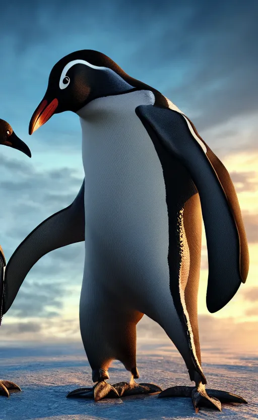 Image similar to lovecraftian penguin monster, humanoid penguin warrior, sinister, giant powerful penguin, muscles, HD render 4k, beautiful sunrise, icy background