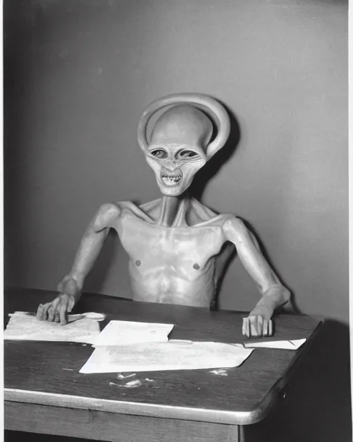 Image similar to Hyper realistic vintage photograph of an alien Laying on an examination table, area 51