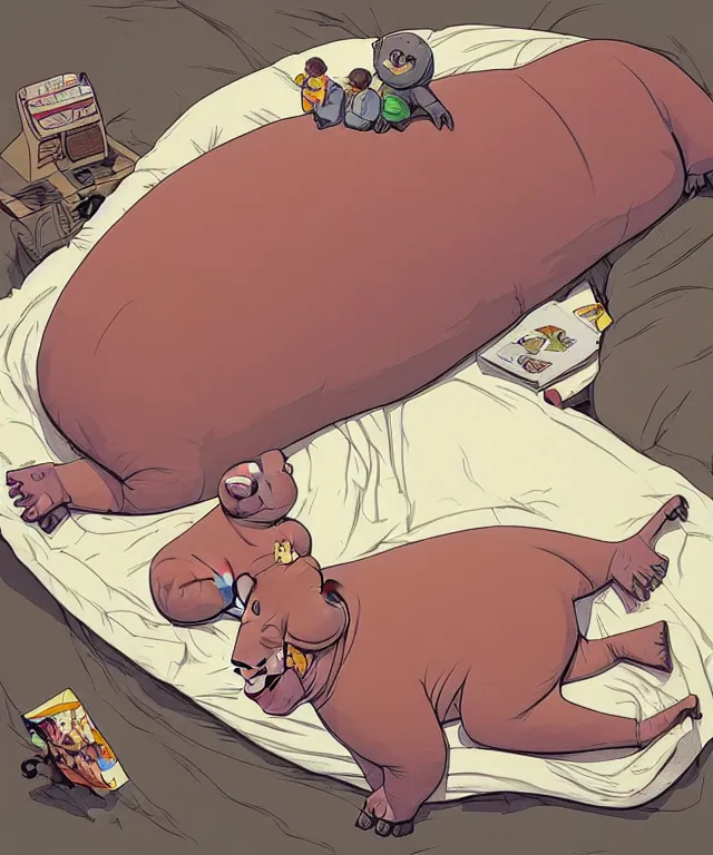 Prompt: hippo lying in bed, half covered blanket, centered composition, digital painting, artstation, concept art, kids book illustration, sharp focus, octane render, illustration, art by geof darrow,