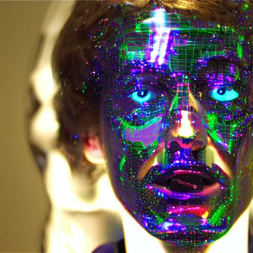 Image similar to a 3d human head made up of shiny holograms