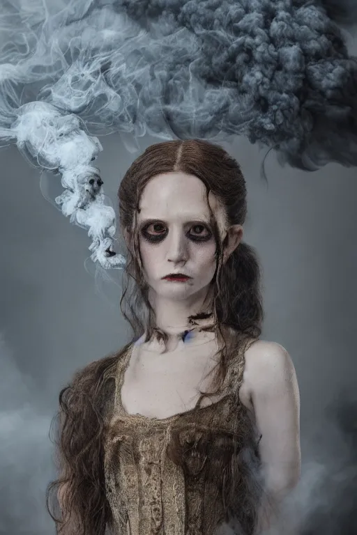 Image similar to 3 5 mm colour, italian looking emma, evil princess, victorian house, long brown hair, hyperrealism, octane render, weird, odd, strange, creepy, freakshow, extremely detailed, subtle intricate smoke magic, lace, silk, style of david cronenberg, hyung tae, frank frazetta