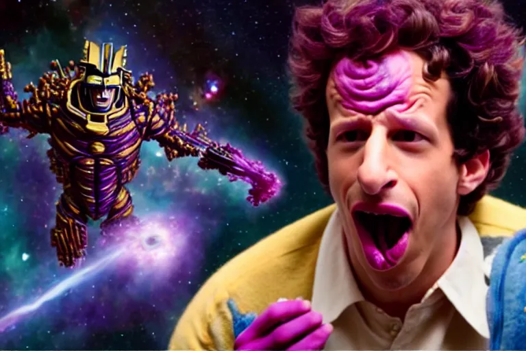 Prompt: a cinematic still of ((andy samberg)) ferociously eating a galaxy, galactus!!!!, masterpiece, (monster), (empty black void)