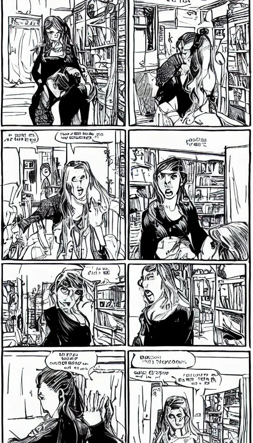 Image similar to multi - panel page from a highly detailed horror comic. young woman talking with a horrifying creature in her adjustment. terror. ink.