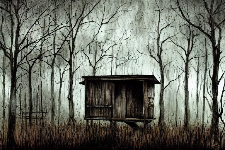 Image similar to mad horror painting of a cabine in the woods by ben templesmith