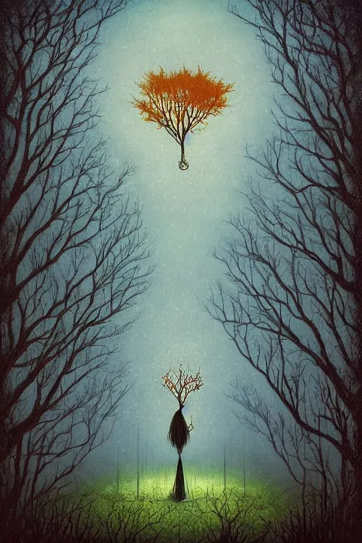 Image similar to surreal, fantasy, fairytale animals, hangman's tree, crossroads, forest, by andy kehoe
