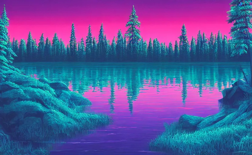 Prompt: beautiful award winning synthwave painting of a canadian lake, extreme detail, digital art, 4 k, ultra hd