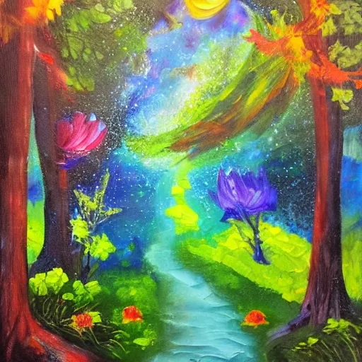 Image similar to secret hidden path in the forest leading to a portal to outerspace, prismatic weather, flowers, expressive oil painting