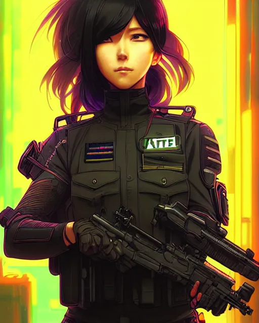 Image similar to anime key visual of a female officer, swat vest, neon, cyberpunk, futuristic, stunning, highly detailed, digital painting, smooth, soft focus, illustration, movie poster, japanese typography, digital art from artstation by artgerm and greg rutkowski and alphonse mucha