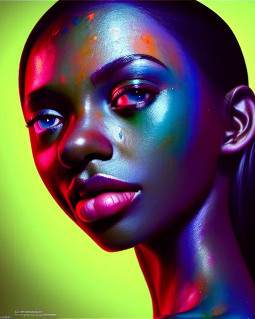 Image similar to very beautiful woman, face submerged in colorful oils, dark skin, realism, extreme detail, real life, soft light, volumetric light, 3 d shadows, james jean, photoshoot