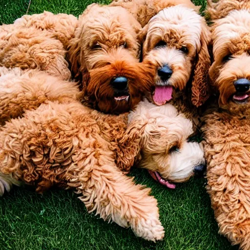 Image similar to a huge pile of 30 golden doodle dogs, photography