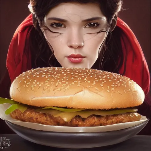 Prompt: portrait of ants eating hamburgers, extra onions and ketchup, luscious patty with sesame seeds, feminine ethereal, handsome, D&D, fantasy, intricate, elegant, highly detailed, digital painting, artstation, concept art, matte, sharp focus, illustration, art by Artgerm and Greg Rutkowski and Alphonse Mucha 10.0