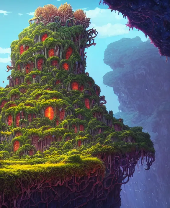 Image similar to an enormous bunker made out of exotic fungus, overgrown with weird fungus and slime, cliff side, noon, sun drenched, partly cloudy, by dan mumford, yusuke murata, makoto shinkai, ross tran, cinematic, unreal engine, cel shaded, featured on artstation, pixiv