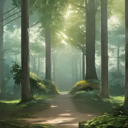 Image similar to concept art painting of trees with doors and windows, walkways between trees, in a deep forest, realistic, detailed, cel shaded, in the style of makoto shinkai and greg rutkowski and james gurney