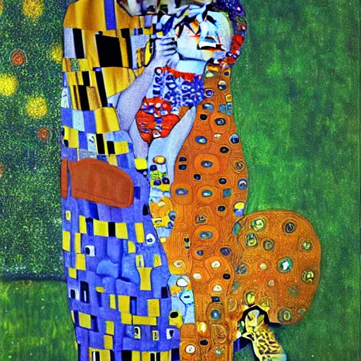 Prompt: two foxes falling in love within an infinite set of symmetries, klimt painting