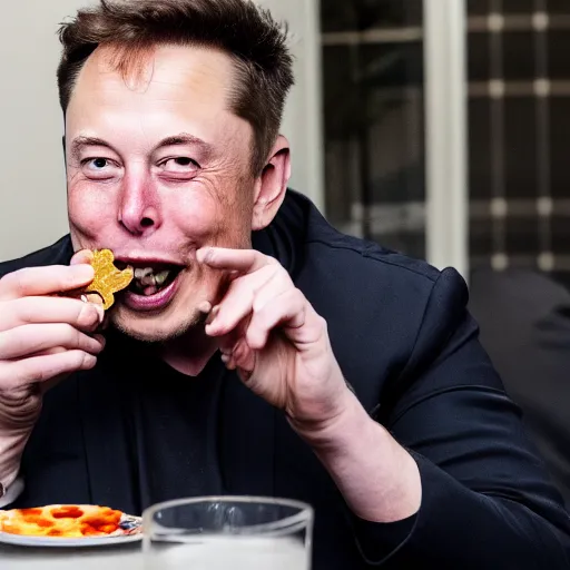 Image similar to Elon Musk eating a bitcoin, highly detailed, high quality, HD, 4k, 8k, Canon 300mm, professional photographer, 40mp, lifelike, top-rated, award winning, realistic, sharp, no blur, edited, corrected, trending