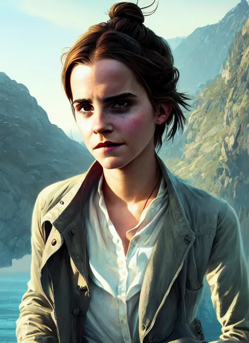 Image similar to highly detailed portrait of emma watson in gta v, stephen bliss, unreal engine, fantasy art by greg rutkowski, loish, rhads, ferdinand knab, makoto shinkai and lois van baarle, ilya kuvshinov, rossdraws, tom bagshaw, global illumination, radiant light, detailed and intricate environment