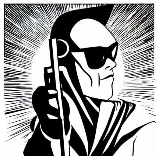 Prompt: comic book grim reaper wearing sun glasses spy hunter illustration black and white