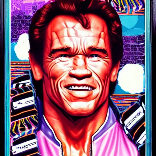 Prompt: vaporwave stylized movie poster by Drew Struzan for the movie 'Breakfast' staring Arnold Schwarzenegger, released in 1986