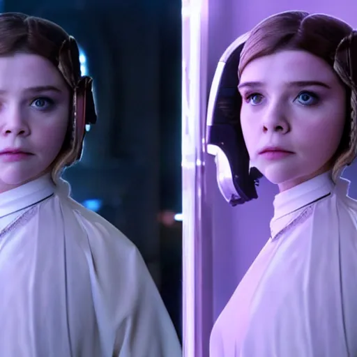 Image similar to Adult Chloe Moretz as Princess Leia, movie scene, XF IQ4, 150MP, 50mm, F1.4, studio lighting, professional, Dolby Vision, UHD